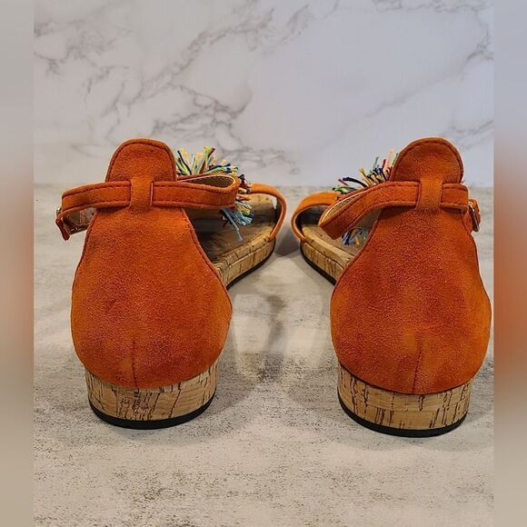 BCBGMaxAzria Orange Suede with Colorful Pom Pom Detail.Sandals, Cork Outsole | 9 - Picture 6 of 10